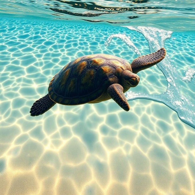 Join this sea turtle on an underwater exploration of sunlit depths, swimming effortlessly amidst the ocean's beauty.