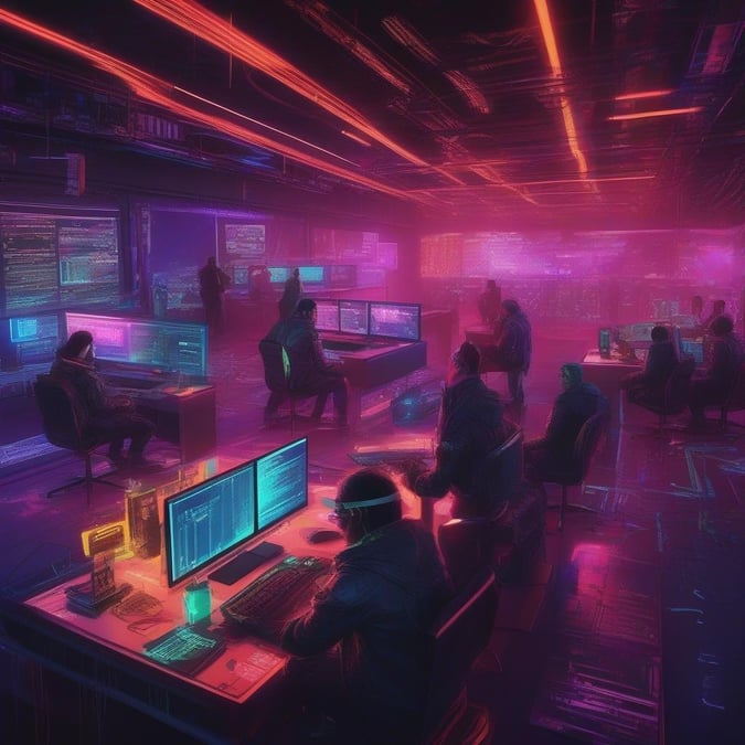 A group of programmers hunched over their screens in a glowing neon cyberpunk lab, illuminated by the digital light from multiple monitors and screens.