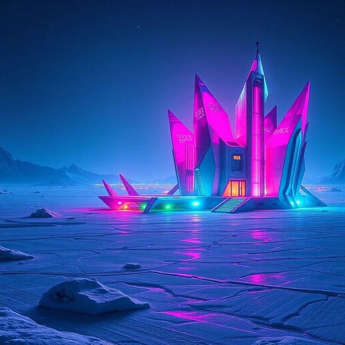 Immerse yourself in the fantastical world of this pink, futuristic castle. Perched atop a frozen ocean under a starry sky, it's a sci-fi wonder that seems to be straight out of a storybook.