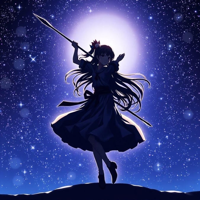 This captivating anime illustration features a warrior dancing in a starry night sky, her silhouette standing out against the brightly lit background. The warrior's arms are raised, holding a spear, and her legs are bent and crossed, conveying a sense of motion and energy. The blurred effect on the edges adds an anime-like touch to the image.