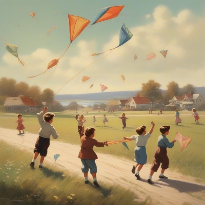 This vibrant scene captures the innocent joy of children at play. The sunny day is perfect for flying kites, as evidenced by the multitude of colorful kites soaring in the sky. The setting is a charming village square, where the children are playing with their kites on a lush green lawn. The image exudes a sense of nostalgia and simplicity that is characteristic of vintage art.