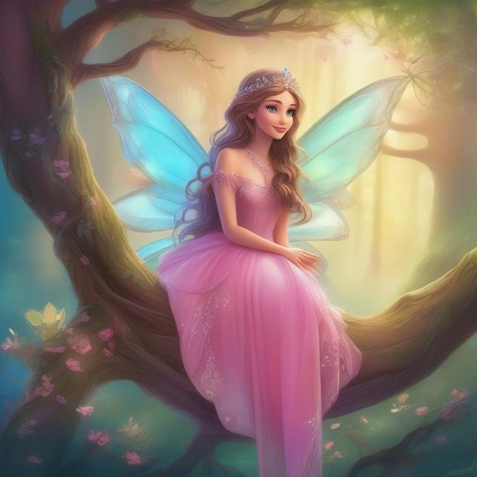 This enchanting wallpaper features a beautiful fairy sitting on a tree branch, surrounded by lush greenery and vibrant flowers. The fairy's delicate wings and gentle smile add to the whimsical charm of the scene, making it perfect for kids and cartoon lovers alike.