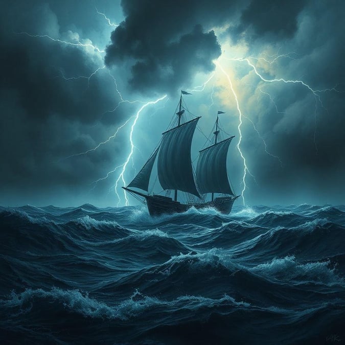 A hauntingly beautiful wallpaper featuring a stormy seascape with a ship in the midst of a thunderstorm.