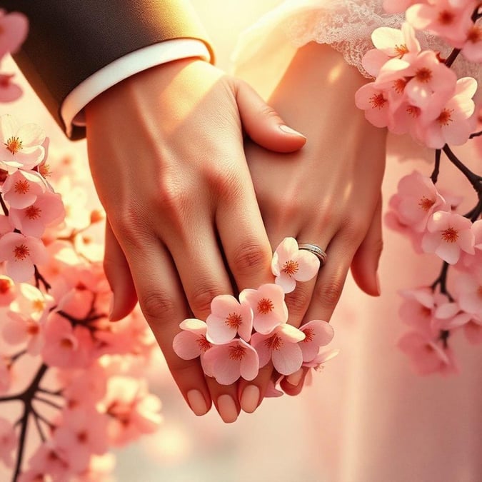 In a moment of celebration and joy, the hands of a couple join together, their love blossoming like the cherry blossoms surrounding them.