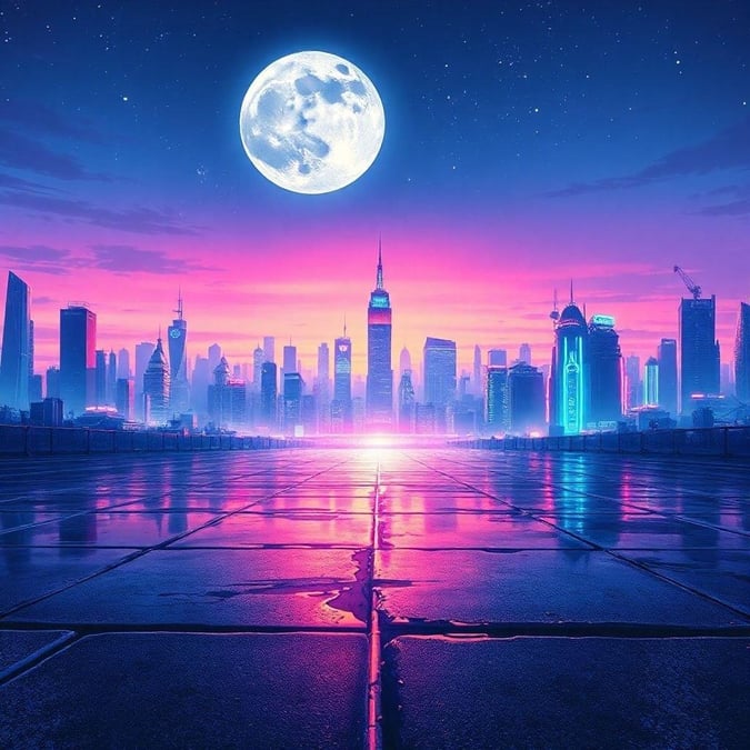 Immerse yourself in the vibrant world of anime with this stunning cityscape wallpaper. The futuristic metropolis comes alive at dusk, with neon lights reflecting off the wet pavement and a large moon and stars adding to the mystical ambiance. Distant buildings create depth, while the illustration captures a moment of tranquility, inviting you to explore the anime-like atmosphere.