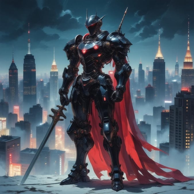 Experience the fusion of ancient chivalry and cutting-edge technology with this futuristic mecha knight, standing tall amidst a bustling cityscape at night.