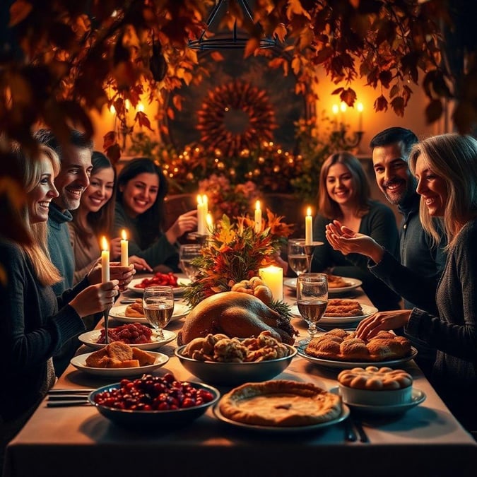 A warm and inviting scene of a family enjoying a traditional Thanksgiving meal together.