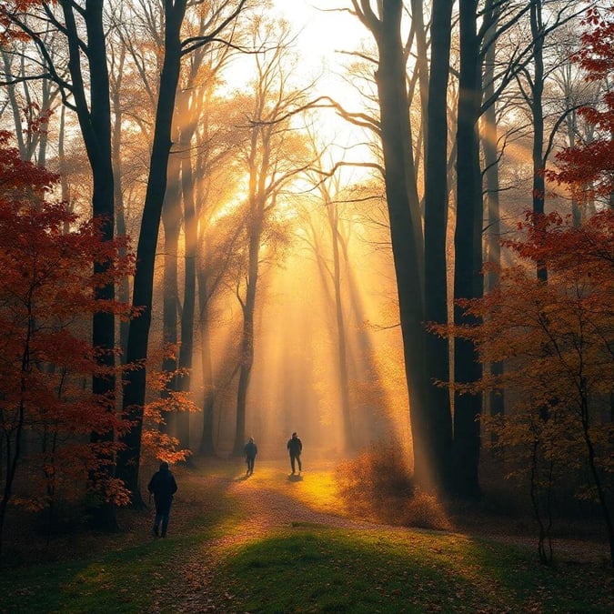 A serene autumn forest path, where the sunlight filters through the trees like golden rain.