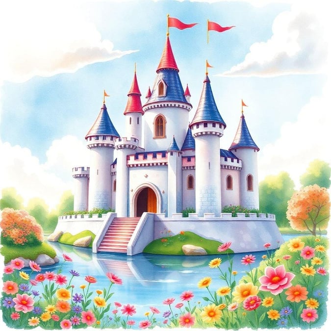 A beautiful cartoon castle with a moat and flowers around it.