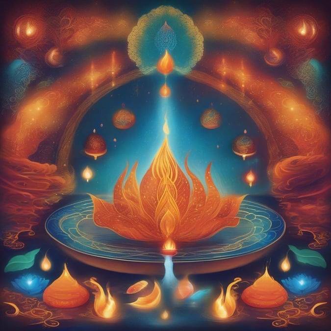 Celebrate the festival of lights with this beautiful Diwali wallpaper. The image features a stunning lotus flower with a candle inside, surrounded by diyas and other festive elements. The vibrant colors and intricate details make this wallpaper perfect for adding a touch of Diwali spirit to your desktop or mobile device.