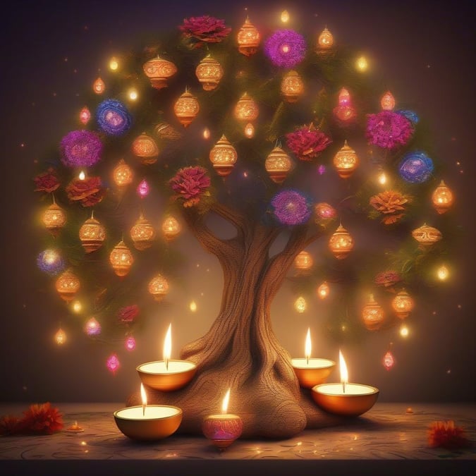 Celebrate the joyous spirit of Diwali with this glowing tree illuminated by candles and lanterns.