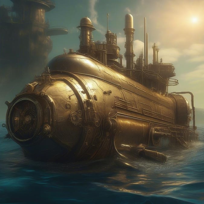 This steampunk-style submarine is ready to embark on an adventure into the unknown. With its large, cylindrical body and propeller at the back, it's a sight to behold. The ocean surrounding it is vast and mysterious, inviting us to explore its depths.