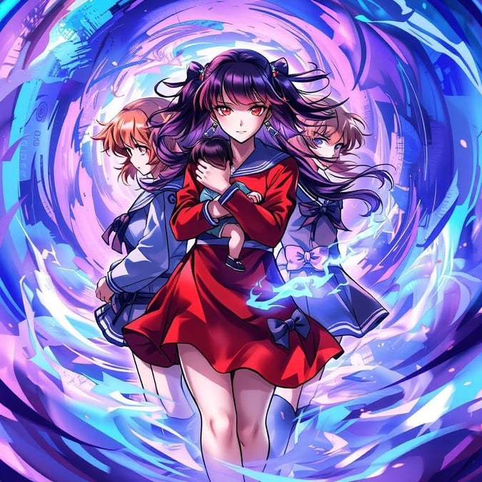 A captivating digital illustration of a group of schoolgirls, all dressed in colorful uniforms, standing in a swirling vortex of colors. The central figure, a woman in a red dress, holds a child in her arms, while the other two are positioned behind her, creating an anime-like image. The background is a swirling vortex of blues, purples, and pinks, enhancing the sense of movement and energy.