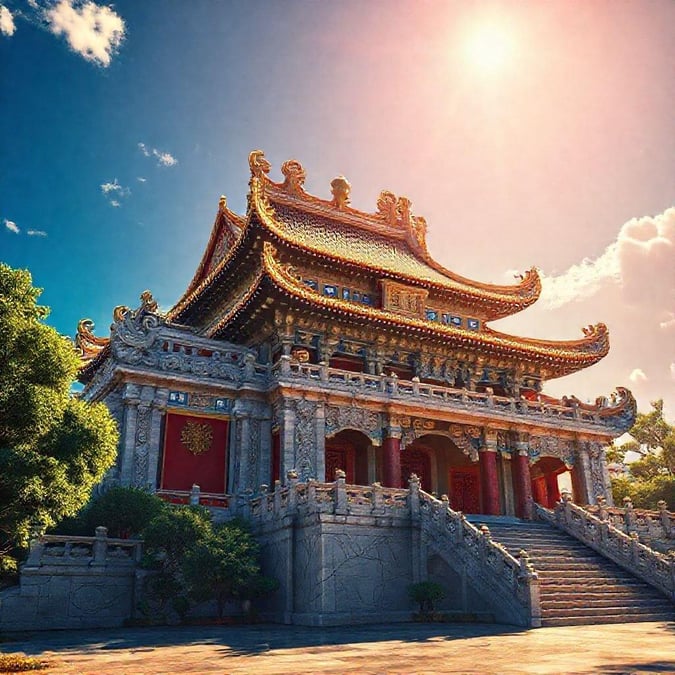 This majestic temple stands tall, its golden roof gleaming in the sunlight. With stairs leading up to a grand entrance and intricate details adorning every surface, it's a testament to architectural prowess from centuries past.