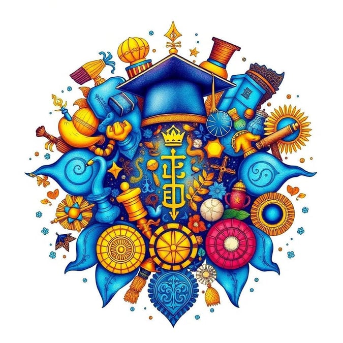 This vibrant wallpaper captures the essence of a graduation celebration, featuring a blue graduation cap adorned with a gold tassel, surrounded by an assortment of objects that symbolize knowledge, achievement, and joy.