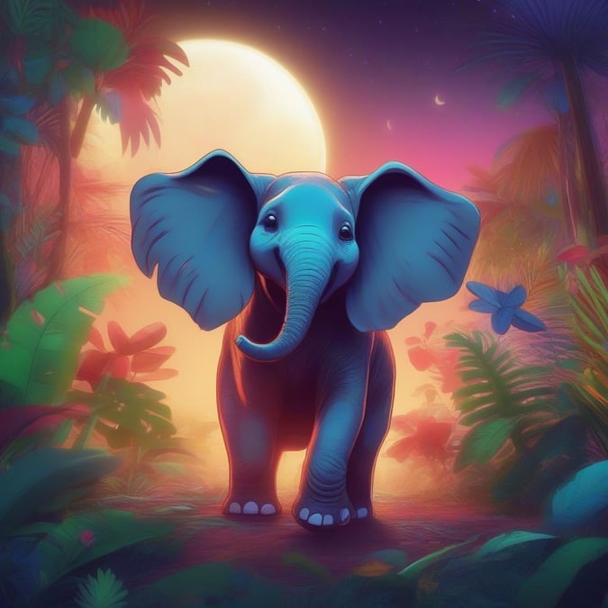 Embark on a magical journey with our friendly elephant, exploring the vibrant jungle under the full moon.