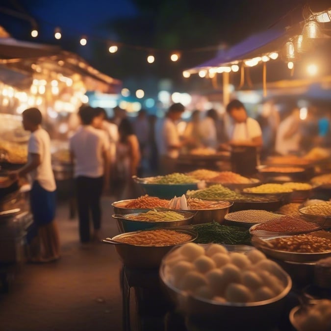 A vibrant scene from an Asian night market, filled with people shopping for fresh produce and other goods. The stalls are illuminated by hanging lights, casting a warm glow on the customers and vendors alike.