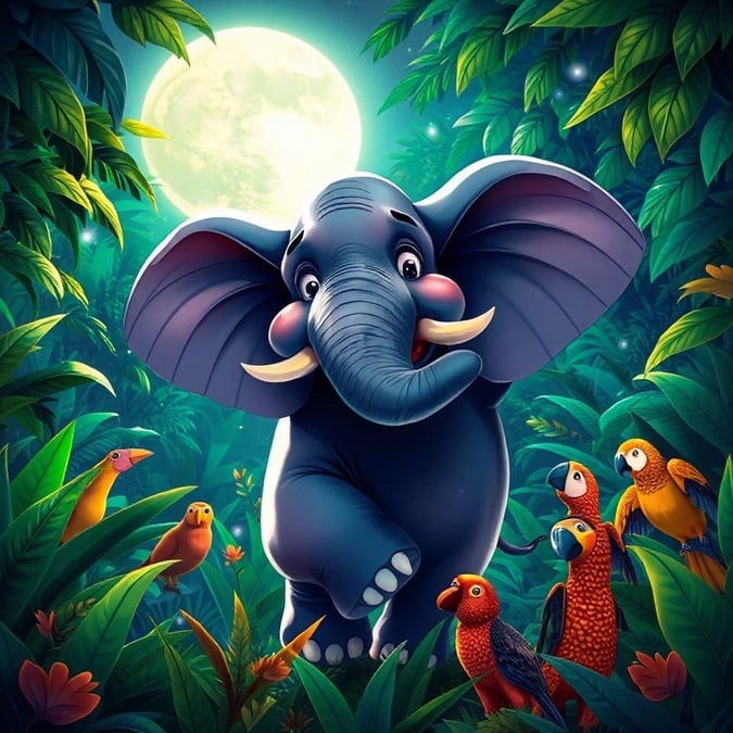 This wallpaper features a cute cartoon elephant in the jungle, surrounded by lush greenery and colorful birds. The elephant is depicted with a big smile and a playful expression, adding to the overall sense of fun and adventure.