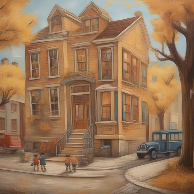 A warm and inviting image of a large house with a tree in front of it and children playing in the street. The house is painted in warm colors, with a brown door and white trim. The roof is dark brown, and there are several windows on the front of the house. The tree is tall and has yellow leaves, and it stands on the right side of the image. In front of the house, there are several children playing in the street. They are all wearing casual clothing and appear to be having fun.