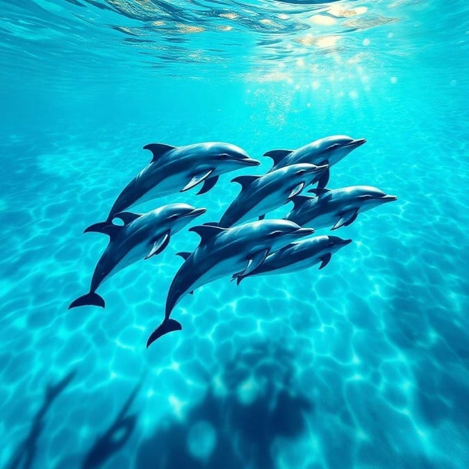 Swim into the mesmerizing world beneath the waves where six majestic dolphins glide gracefully. Their elegant forms cut through the crystal-clear waters, creating a dance that is as captivating to the eye as it would be to any curious marine observer.