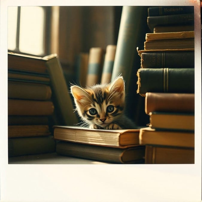 This wallpaper features an adorable kitten peeking out from a stack of books, creating a cozy scene that would look great on any desktop or mobile device. The image is vibrant and captures the innocence and curiosity of youth, perfect for anyone who loves cute animals.