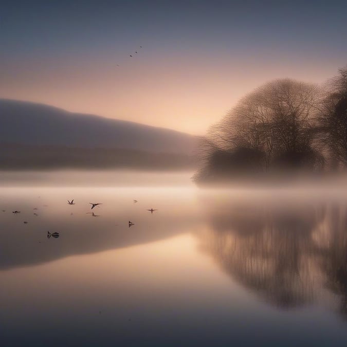 This serene image captures the beauty of a misty morning lake, with a soft and ethereal quality that invites the viewer to step into its tranquil world.