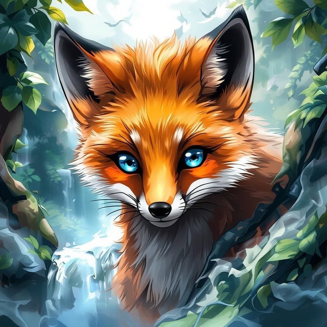 Get ready to be mesmerized by this stunning anime fox wallpaper, featuring a beautiful fox with vibrant orange and yellow fur peeking out from behind a waterfall in a lush valley. The illustration is a masterpiece of digital art, with intricate details and a whimsical touch that will transport you to a fantasy world.