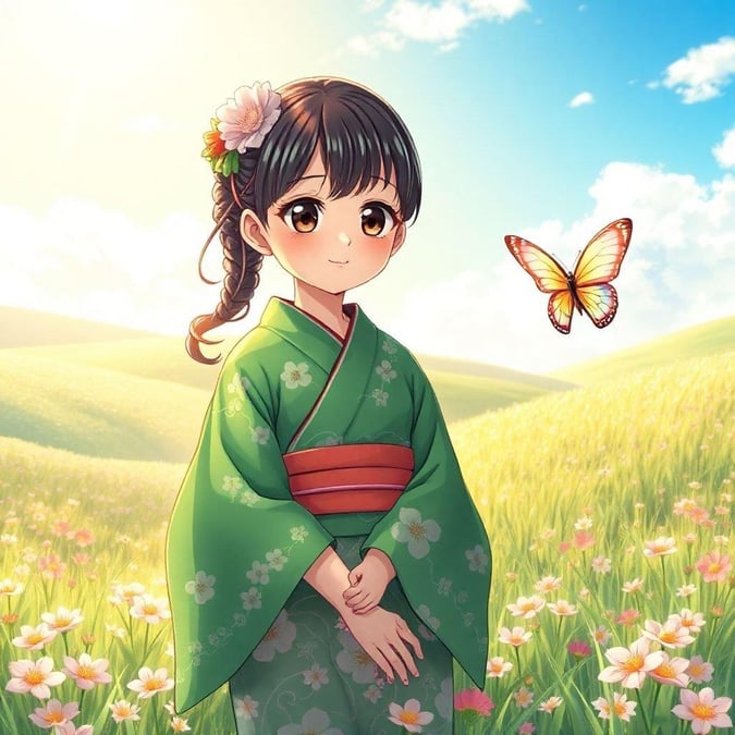 En fredlig animeillustration av en ung flicka i en livlig grön kimono som står på en grönskande äng, med en svävande fjäril i närheten. Scenen utstrålar lugn och fångar betraktarens uppmärksamhet med flickans mjuka blick.