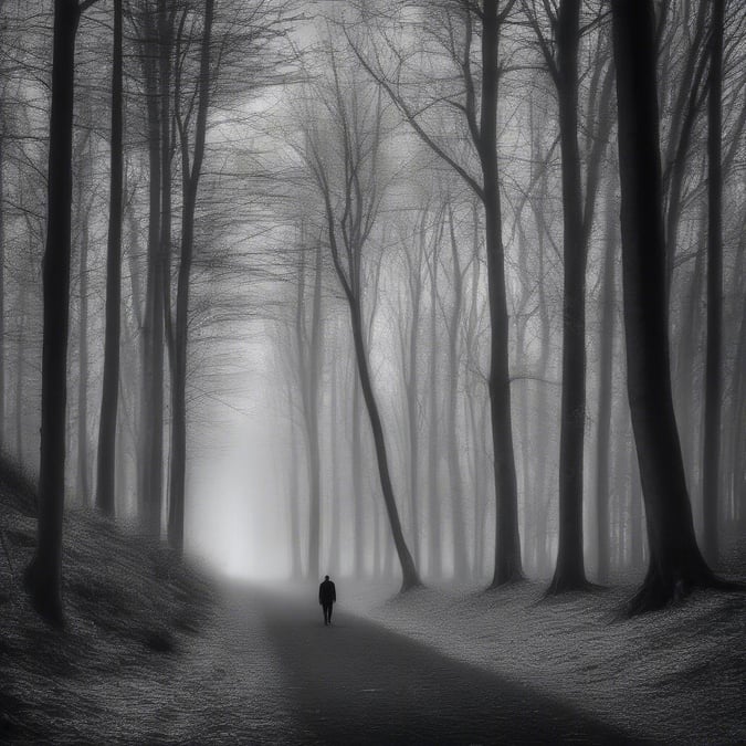 A solitary figure makes their way through an eerie forest, the fog obscuring everything but the path ahead. The black and white hues add to the mysterious atmosphere of this misty woodland.