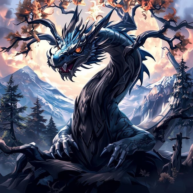 Immerse yourself in the world of anime with this stunning dragon wallpaper, featuring a majestic creature set against a breathtaking landscape.