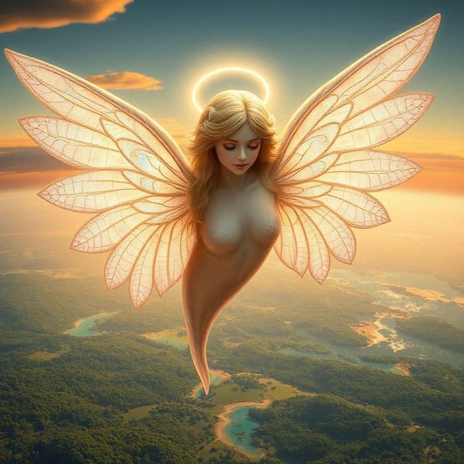 Discover the enchanting world of fantasy with this breathtaking wallpaper featuring a celestial angel, bathed in an ethereal glow, soaring above a serene landscape.