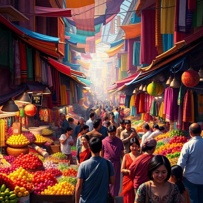 Vibrant scene from an asian market street lined with shops selling fresh produce, spices, and other goods. The bustling atmosphere captures the charm of daily life in a diverse neighborhood.