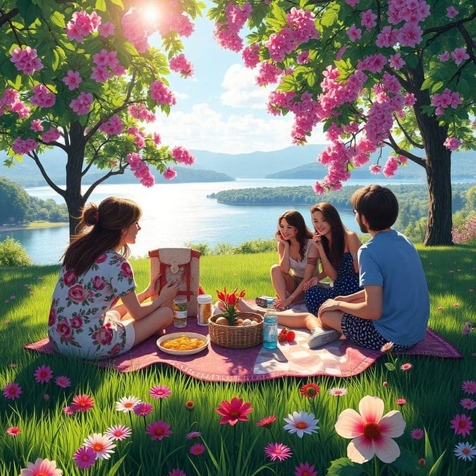 In this lively scene, four friends are enjoying a picnic on a grassy hill overlooking a serene lake. They've spread out their blanket and share laughter while enjoying food and drinks from a basket. The backdrop of pink cherry blossoms adds a touch of romance to the moment, creating an atmosphere of camaraderie and nature appreciation.