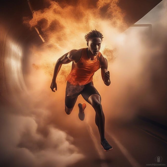 A high-energy image of a man running in a dynamic pose, capturing the intensity and dynamism of sports.