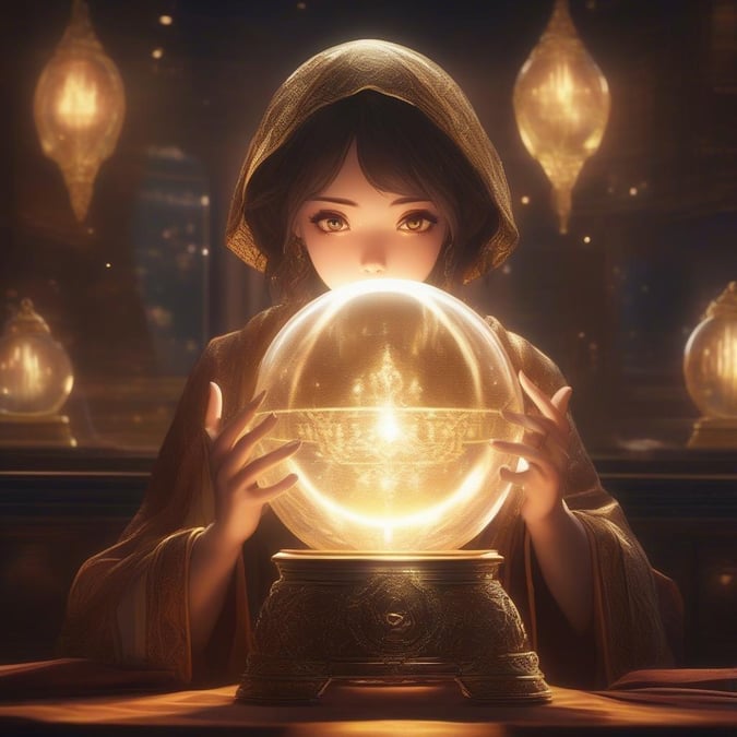 This captivating anime girl is surrounded by a mystical aura, with her eyes fixed intently on a crystal ball. The crystal ball glows with an ethereal light, adding to the enchanting atmosphere.