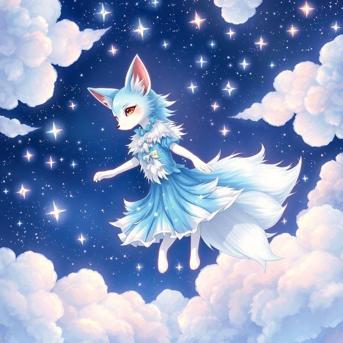 This enchanting anime illustration features a fox with a mesmerizing blue and white fur, gracefully dancing amidst a starry sky and fluffy clouds, creating a captivating and dreamy atmosphere.