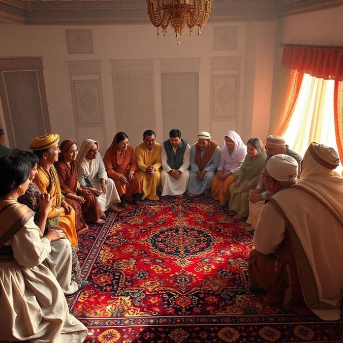 A group of diverse individuals engaged in conversation, possibly sharing traditional customs or discussing culture.