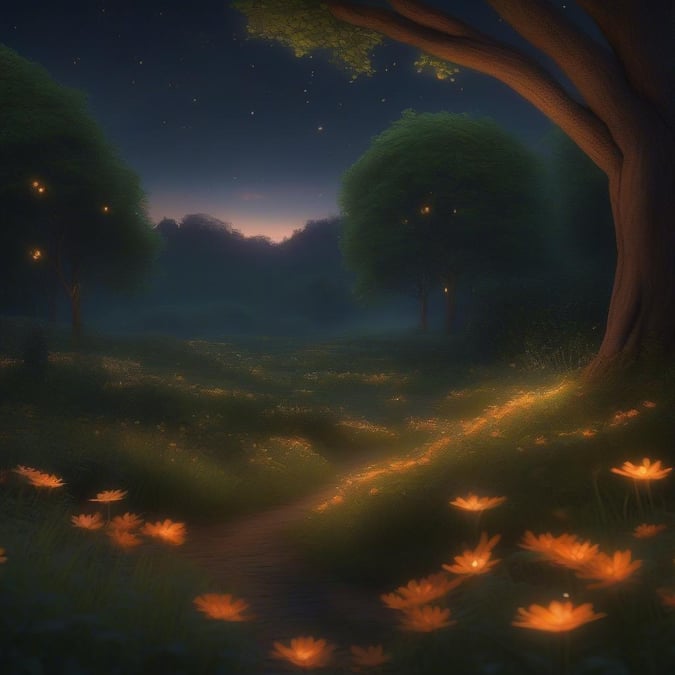 A magical nighttime scene with a moonlit path through an enchanting forest, filled with twinkling lights and glowing lanterns guiding the way.