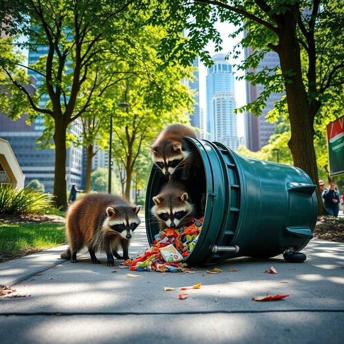 A lively scene in the park where raccoons are seen having a feast from an overturned garbage can.