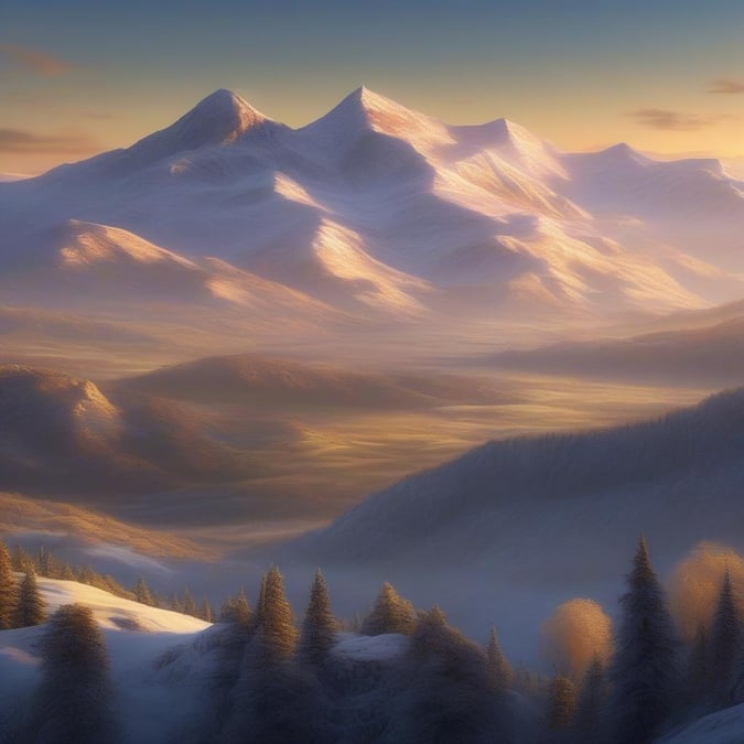 A serene, snow-covered mountain landscape at sunset with misty valleys beneath. This is a tranquil and inspiring scene perfect for contemplation and relaxation.