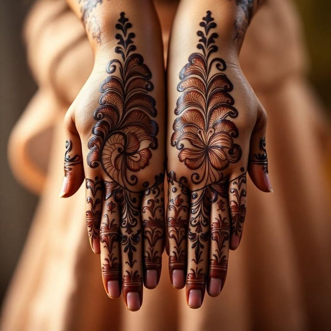 Showcasing intricate henna tattoos on hands, this image captures the beauty of traditional body art. Rich with detail and color, these designs are a vibrant representation of cultural traditions.