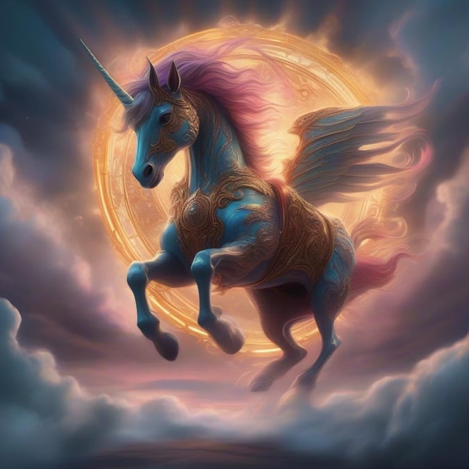 A majestic unicorn stands as the centerpiece of a vibrant carnival, its horn gleaming and wings spread wide. The backdrop is a mystical blend of sunset hues with a celestial glow around the sun, casting an ethereal light on this enchanting scene.