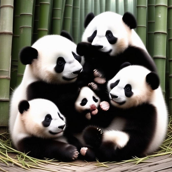 Five adorable pandas cuddle together, enjoying the warmth of each other's company. This heartwarming scene is a delightful representation of panda life, showcasing their gentle nature and social behavior.