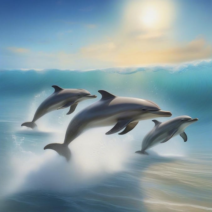 A serene and peaceful scene of dolphins playing in the ocean at sunset, perfect for a calming desktop or mobile wallpaper.