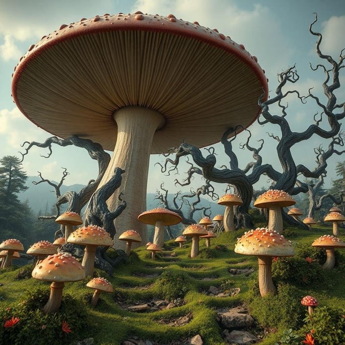 A whimsical forest scene where mushrooms grow from the ground, trees are adorned with them, and the sky is lightly streaked with clouds.