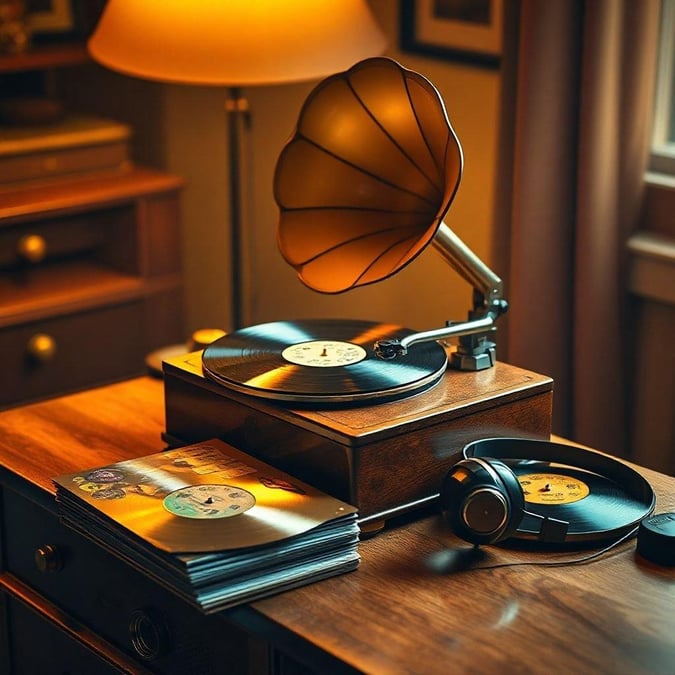 Step back in time with this charming vintage gramophone, surrounded by vinyl records and a pair of headphones, evoking memories of a bygone era.