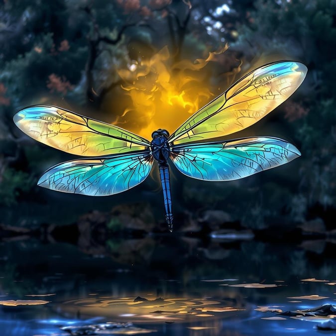 This anime-style illustration features a majestic dragonfly with iridescent wings, set against a tranquil lake backdrop. The dragonfly's wings are a vibrant blue, with a yellow and green gradient, creating an ethereal atmosphere. The dark green and brown trees in the background add depth to the scene, capturing a moment of tranquility.