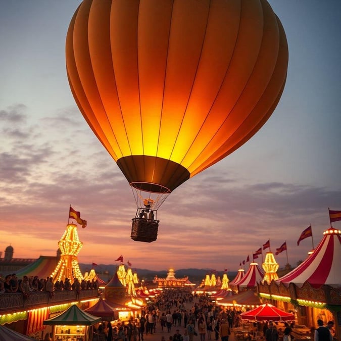 Experience the magic of a carnival at sunset, where vibrant lights and joyful rides come alive under the golden sky.