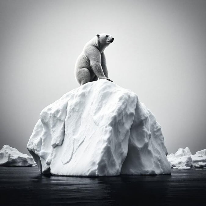 This stunning black and white wallpaper features a majestic polar bear sitting atop an iceberg, exuding a sense of calm and serenity. The monochromatic color scheme adds a touch of sophistication and elegance to the image, making it perfect for desktop and mobile use.