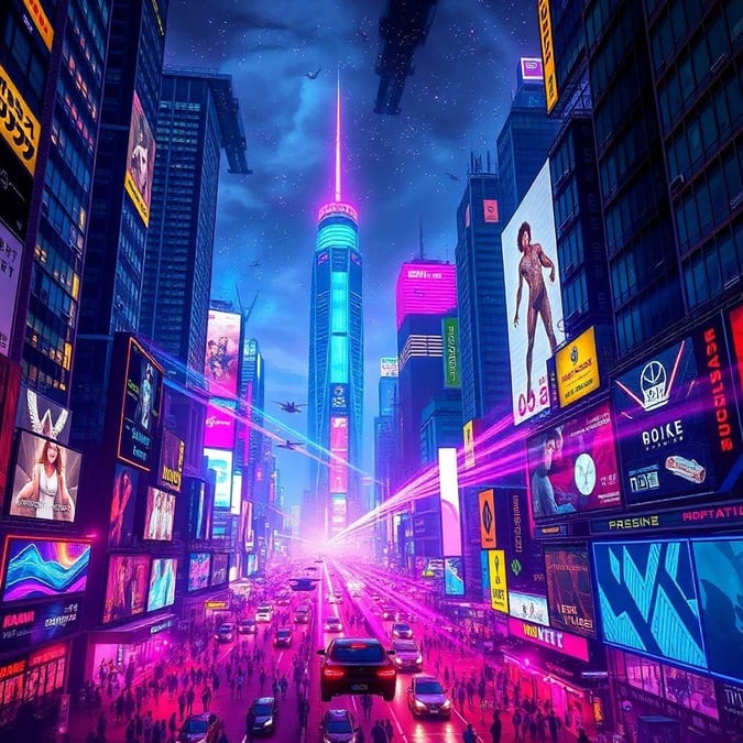 Un paesaggio urbano vibrante e futuristico con grattacieli torreggianti e un'atmosfera illuminata al neon.